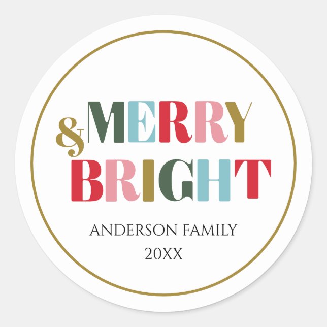 Merry and Bright Retro Colourful Family Ceramic  Classic Round Sticker (Front)