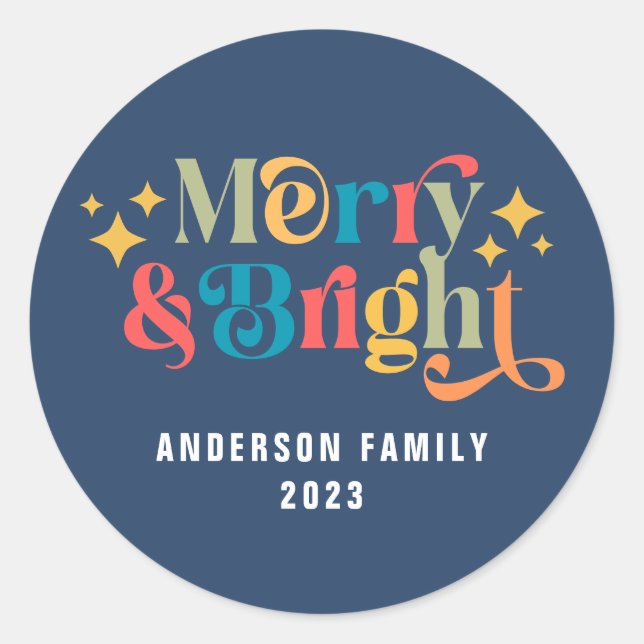 Merry and Bright Retro Colourful Family Classic Round Sticker (Front)