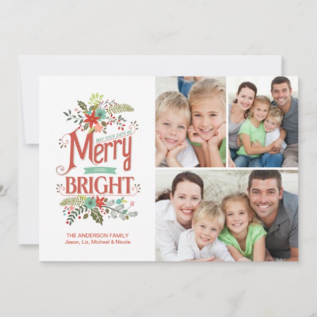 Merry and Bright Retro Floral Christmas Collage Holiday Card (Front)