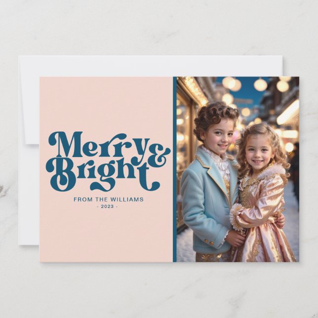 Merry And Bright Retro Photo Christmas Holiday Card (Front)