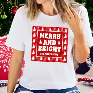 Merry and Bright Retro Red Chequerboard Christmas T-Shirt