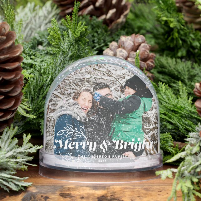 Merry and Bright Retro Typography Photo Christmas Snowglobe (Winter)