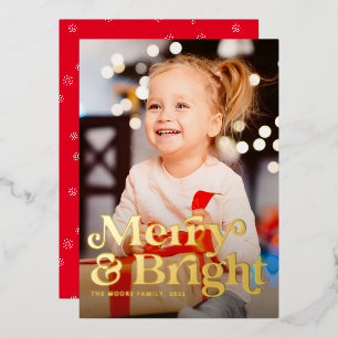 Merry and Bright retro vertical photo Christmas Foil Holiday Card