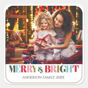 Merry and Bright Retro white Family Photo Ceramic Square Sticker