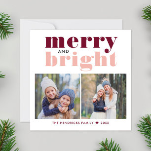 Merry and Bright Rose Gold and Wine Red Photo Holiday Card