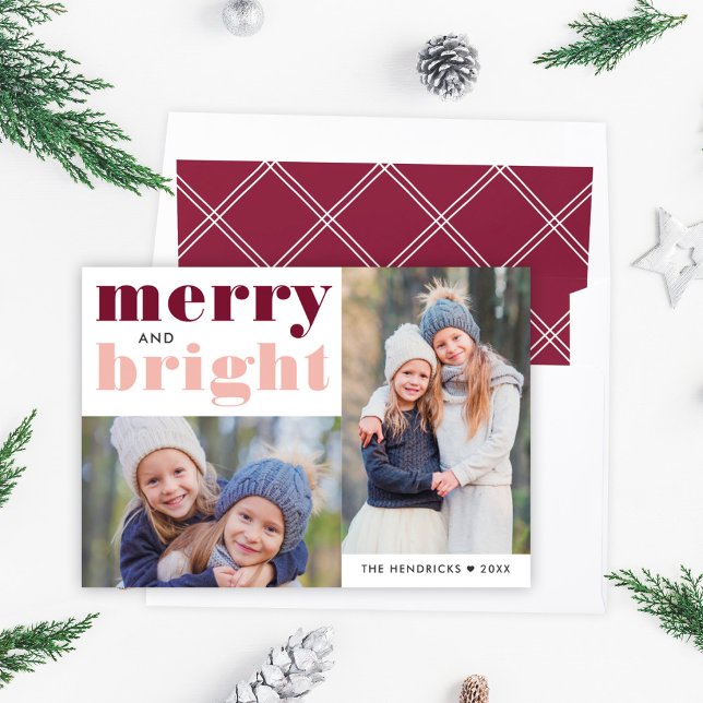 Merry and Bright Rose Gold and Wine Red Photo Holiday Card (Creator Uploaded)