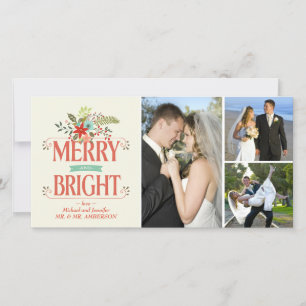 Merry and Bright Rustic Floral Photo Collage Holiday Card