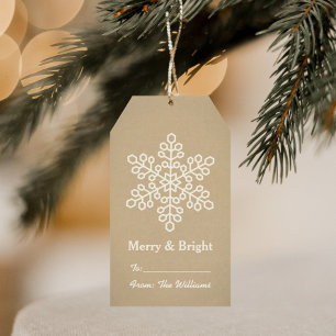 Merry and Bright Rustic Kraft Snowflake Holiday Gift Tags