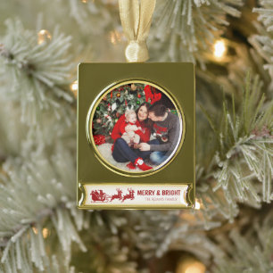 Merry and Bright Santa Sleigh Christmas Photo Gold Plated Banner Ornament