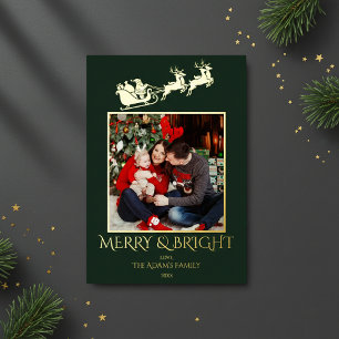 Merry and Bright Santa Sleigh Family Photo Foil Holiday Card