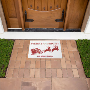 Merry and Bright Santa Sleigh Reindeer Doormat