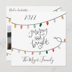 Merry and Bright Script Christmas Lights 3 Photo Holiday Card