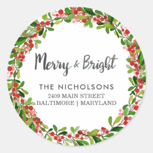 Merry And Bright Script   Holiday Return Address Classic Round Sticker