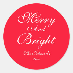 Merry And Bright Script Name Chic Red Christmas Classic Round Sticker