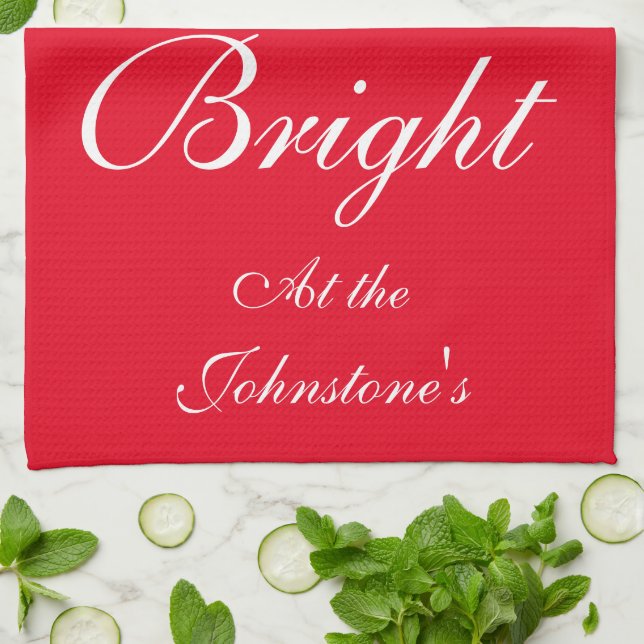 Merry And Bright Script Name Stylish Red Christmas Tea Towel (Folded)