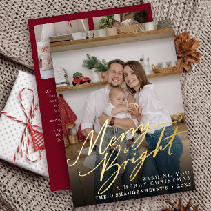 Merry and Bright Script Photo Christmas Foil Holiday Card