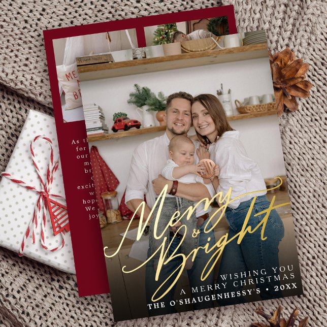 Merry and Bright Script Photo Christmas Foil Holiday Card (Creator Uploaded)