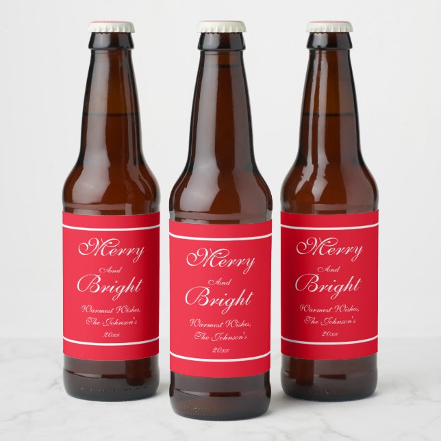 Merry And Bright Script Rustic Red Christmas Beer Bottle Label (Bottles)