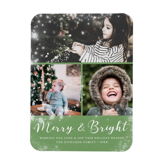 Merry and Bright Script Snow Overlay Photo Collage Magnet (Vertical)