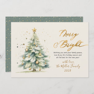 Merry and Bright Script Watercolor Christmas Tree Holiday Card