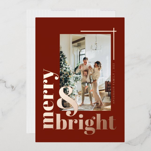 Merry and Bright Simple Photo Burnt Orange Foil Holiday Card (Envelope)