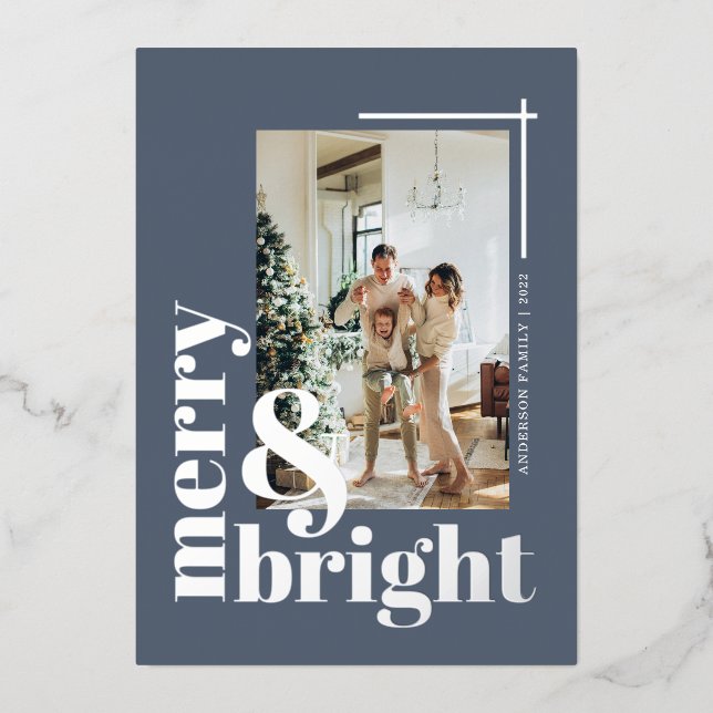 Merry and Bright Simple Photo Dusty Blue Foil Holiday Card (Front)