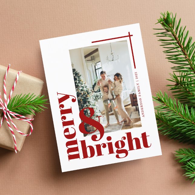 Merry and Bright Simple Photo Maroon Christmas Postcard (Creator Uploaded)