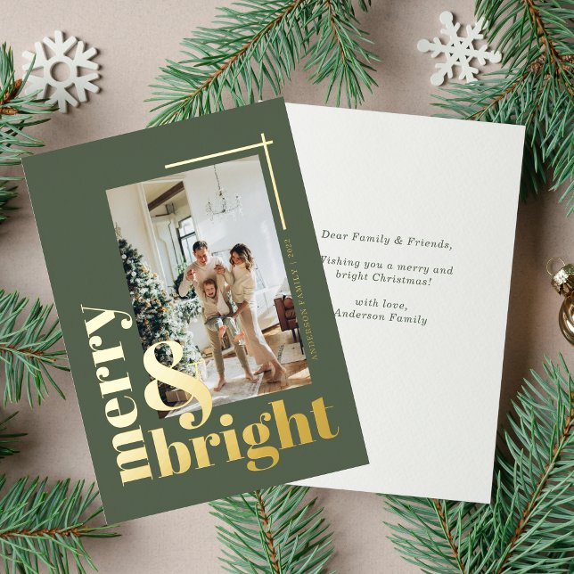 Merry and Bright Simple Photo Sage Green Foil Holiday Card (Creator Uploaded)