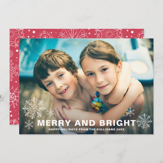 Merry and Bright Snowflakes Christmas Photo Holiday Card (Front/Back)