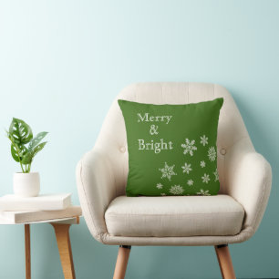 Merry and Bright Snowflakes Green Christmas Cushion