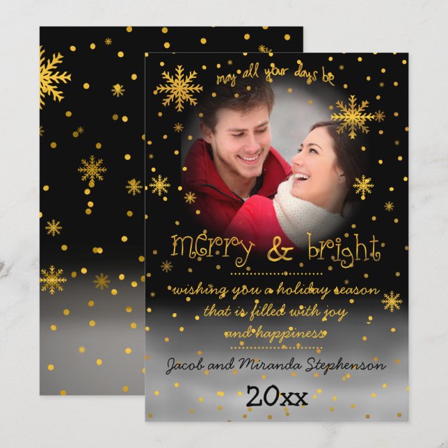 Merry and Bright Snowflakes Photo Holiday Greeting Card (Front/Back)