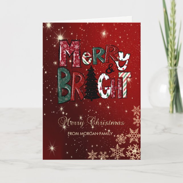 Merry and Bright,Snowflakes Red Holiday Card (Front)