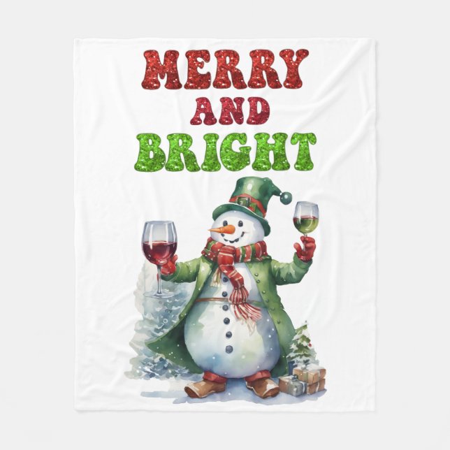Merry and Bright Snowman  Fleece Blanket (Front)