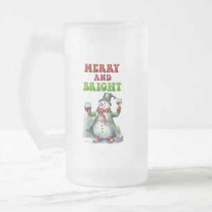 Merry and Bright Snowman  Frosted Glass Beer Mug