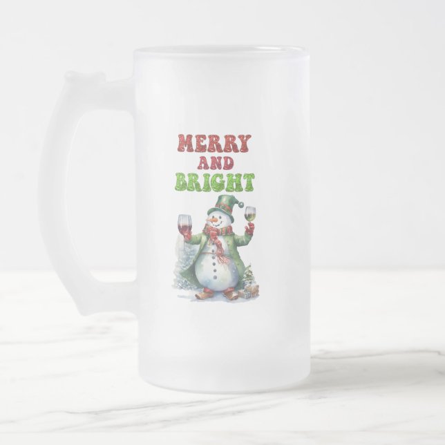 Merry and Bright Snowman  Frosted Glass Beer Mug (Left)