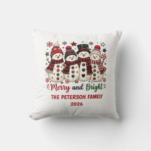 Merry and Bright Snowman Personalised Name Year Cushion