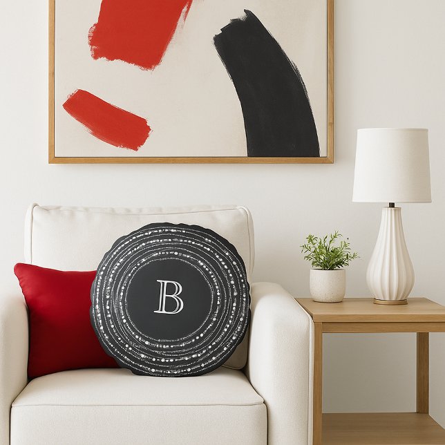 Merry And Bright Sparkles Monogram Stylish Holiday Round Cushion (Merry & Bright Sparkling Lights With Family Monogram Christmas Round Pillow - Holiday Home Decor)