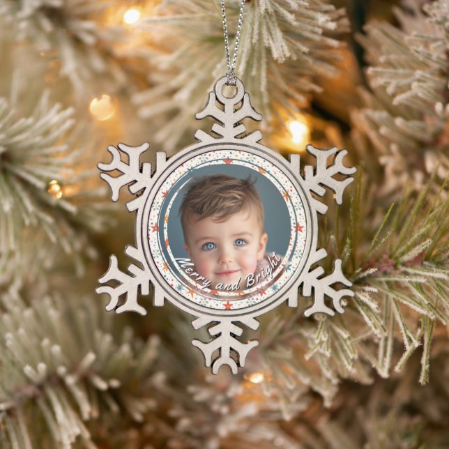 Merry and Bright Stars Custom Child Photo Snowflake Pewter Christmas Ornament (Tree)