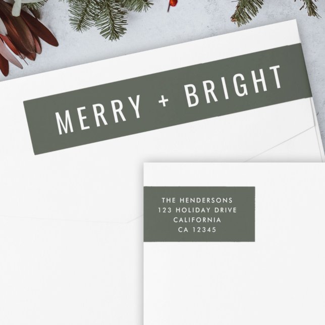 Merry and Bright | Stylish Dark Green Christmas Wrap Around Label (Modern forest green “Merry + Bright” wrap label by Guava for festive mail)