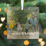 Merry and Bright | Stylish Family Photo Christmas Glass Tree Decoration<br><div class="desc">A stylish modern holiday photo ornament with a bold retro typography quote "merry & bright" in white over a full photo. The greeting, name and year can be easily customised for a personal touch. A trendy, minimalist and contemporary design to stand out this holiday season! The image shown is for...</div>