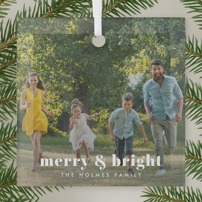 Merry and Bright | Stylish Family Photo Christmas Glass Tree Decoration (Creator Uploaded)