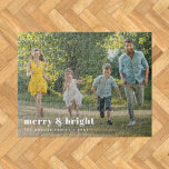 Merry and Bright | Stylish Family Photo Christmas Jigsaw Puzzle<br><div class="desc">A stylish modern holiday photo jigsaw puzzle with a bold retro typography quote "merry & bright" in white. The greeting, name and message can be easily customised for a personal touch. A trendy, minimalist and contemporary design to stand out this holiday season! The image shown is for illustration purposes only...</div>