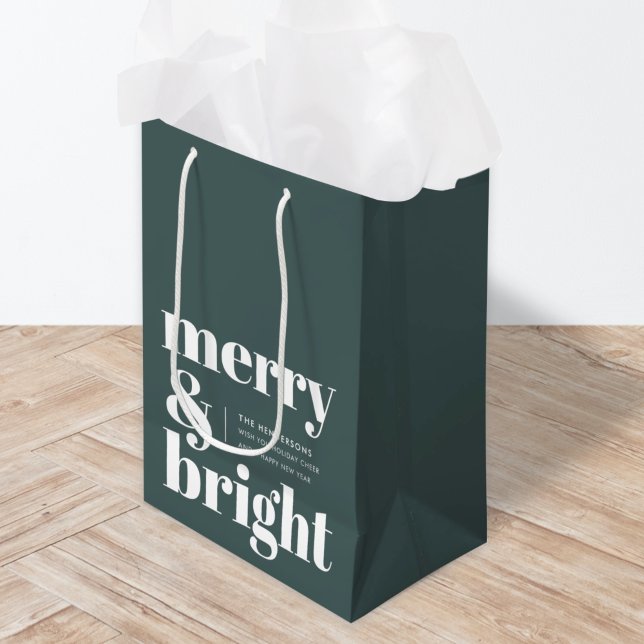 Merry and Bright | Stylish Forest Green Christmas Medium Gift Bag (Add a cheerful twist to your Christmas gifts with this bold red Merry & Bright present bag)