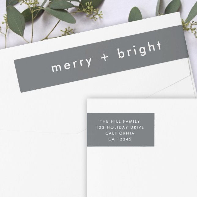 Merry and Bright | Stylish Gray Christmas Address Wrap Around Label (Creator Uploaded)