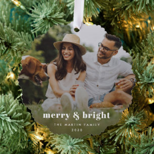 Merry and Bright   Stylish Modern Photo Xmas Tree Decoration Card