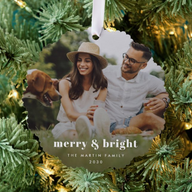 Merry and Bright | Stylish Modern Photo Xmas Tree Decoration Card (Insitu (Tree))