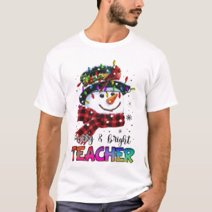 Merry And Bright Teacher Snowman Christmas Light T-Shirt