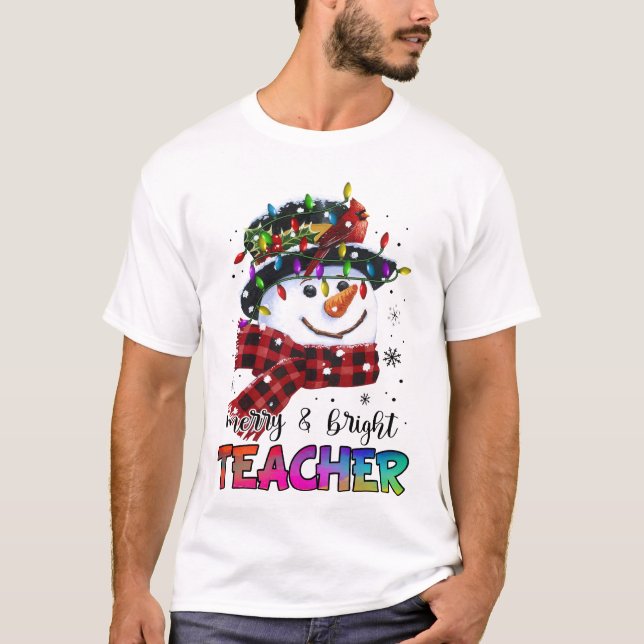 Merry And Bright Teacher Snowman Christmas Light T-Shirt (Front)