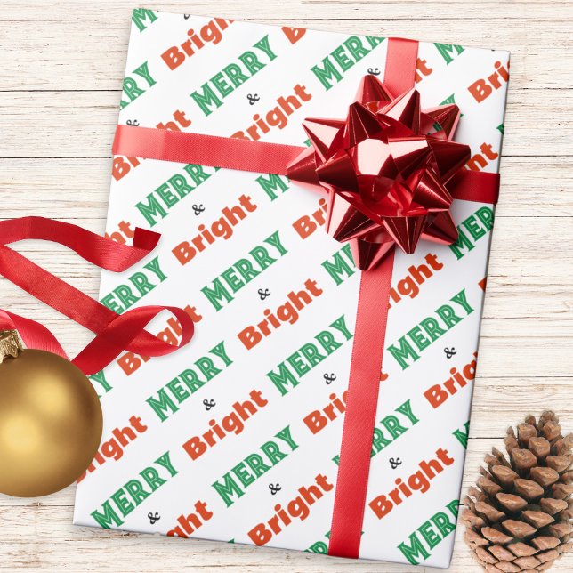 Merry and Bright Text Red Green White Patterned Wrapping Paper (Festive Christmas gift wrapping paper, patterned with green and red 'Merry and Bright' words)