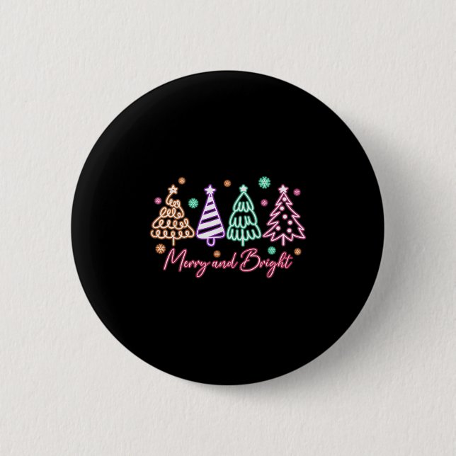 Merry And Bright Tree Neon Christmas  6 Cm Round Badge (Front)